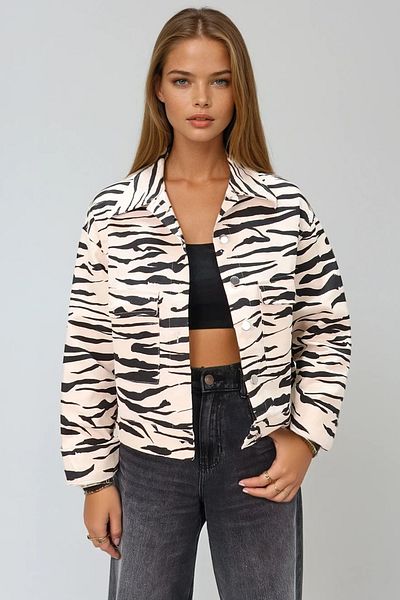 VAGGON Women's Black-Cream Zebra Patterned Crop Jean Jacket Prmx11229