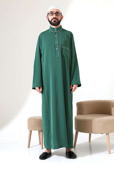 ihvanonline Ανδρική στολή Hajj and Umrah Judge Collar Long Dubai Crepe Cellabiye Fistan - Πράσινο
