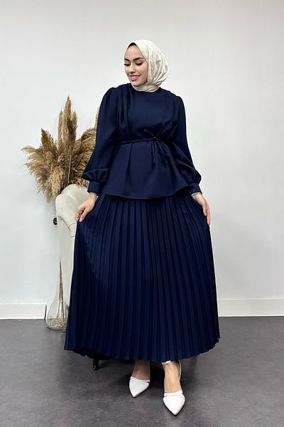 Tesettür Diyarı Crepe Fabric Waisted Lacing Detailed Pleated Skirt Suit-Navy Blue