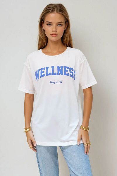 VAGGON Women's Blue Crew Neck Printed Oversize Cotton T-Shirt Prmx11588