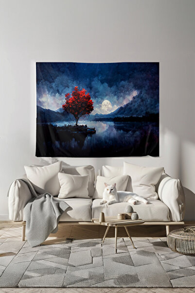 Nivendi Gece Mavisi Manzaralı Kumaş Duvar Örtüsü Ev Dekorasyon Duvar Halısı T...