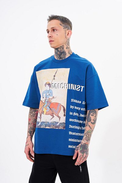 Machinist Ανδρικό κεντημένο τύπωμα λεπτομέρειας Oversize Indigo T-shirt