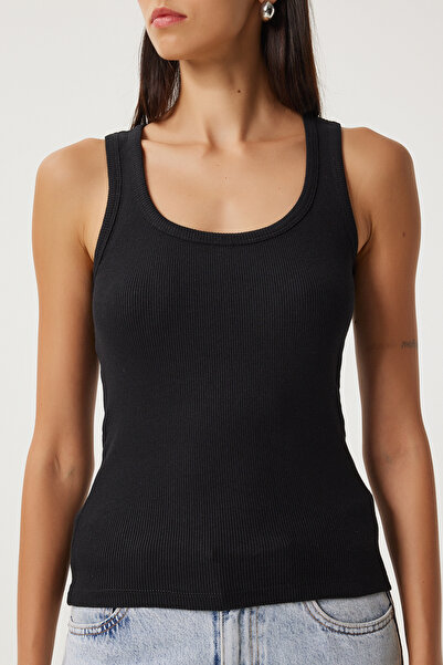Lovelyİstanbul Corded Black Knitted Tank Top - Thick Strap, Lhj0001