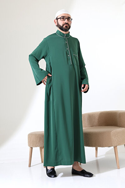 ihvan online Мъжка рокля за хадж и умра с дълга яка от креп, цвят съдия, Дубай - зелена
