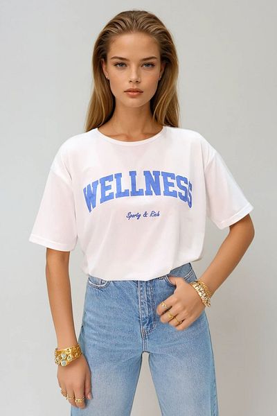 VAGGON Women's Blue Crew Neck Printed Oversize Cotton T-Shirt Prmx11588