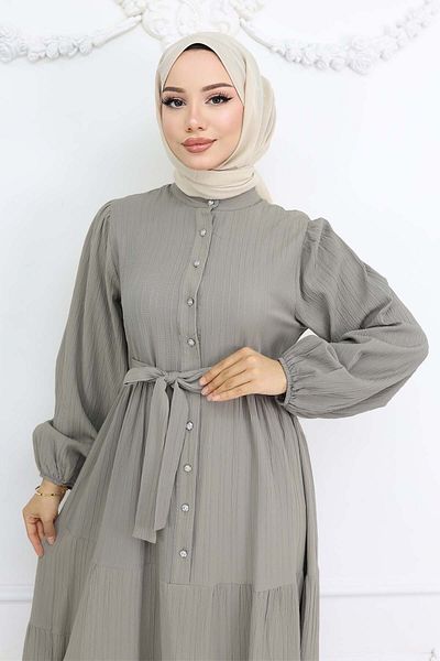 benguen Καρδιά Καντράν με Πέτρινο Καντράν Hijab Φόρεμα Χακί 2268