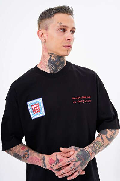 Machinist Men's Oversize Black T-Shirt - Ethnic Printed