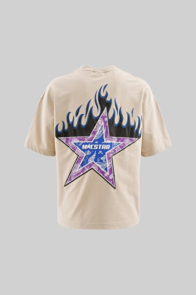 Machinist Men's Macstar Flame Printed Oversize Light Beige T-Shirt
