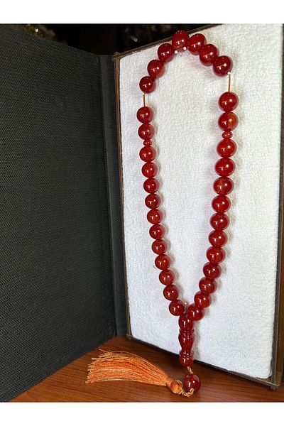 ÖMER ALTUN SIKMA 14 MM Iri Size Red Rosary - Stick and Amber Detailed T-239