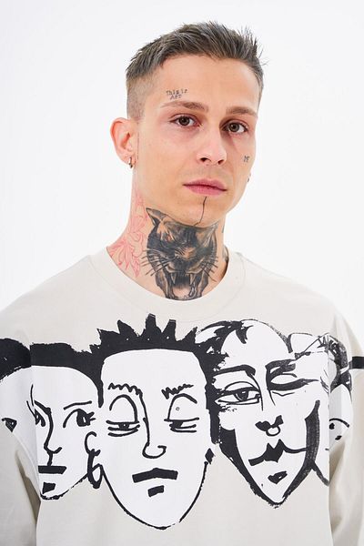 Machinist Macstar Heads Patterned Men's Oversize Gray T-Shirt