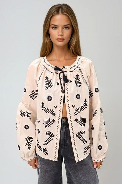 VAGGON Women's Beige Judge Collar Floral Patterned Embroidery Linen Jacket Prmx8989