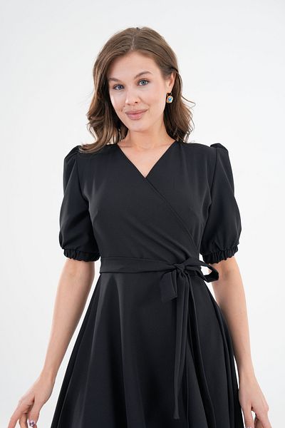 vuvutasarım Women's Flexible Atlas Fabric Sash Detailed Asymmetrical Cut Double Breasted Collar Black Evening Dress 410
