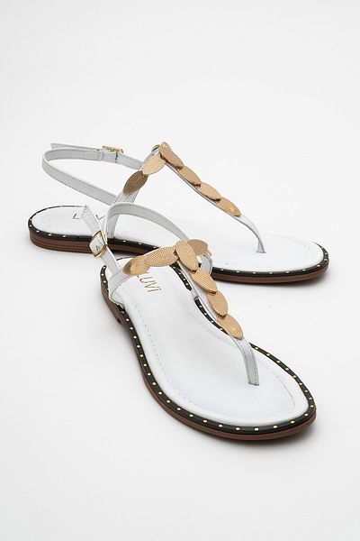 LuviShoes Marea White Genuine Leather Flip Flops Gold Buckle Women's Sandals