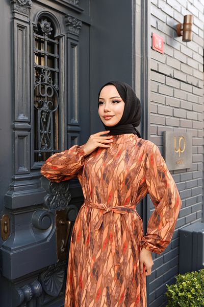 modessia Women's Oil Green Leaf Patterned Waist Belted Long Aerobin Hijab Dress Dm2528
