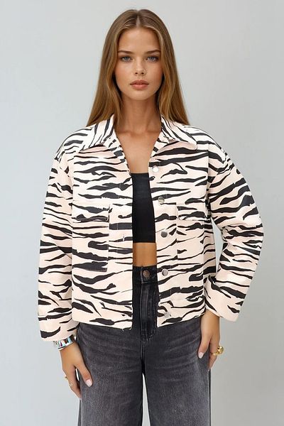 VAGGON Women's Black-Cream Zebra Patterned Crop Jean Jacket Prmx11229