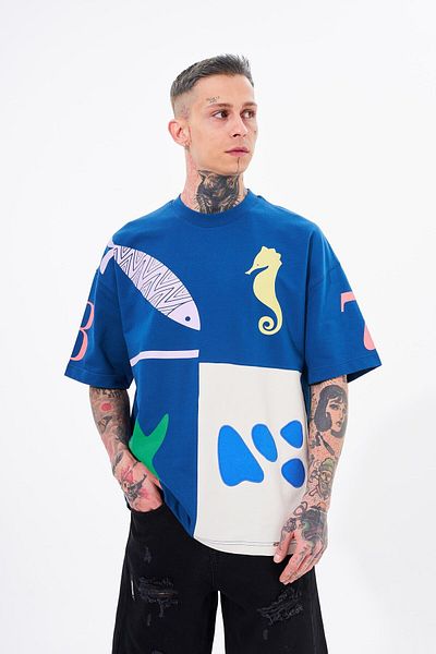 Machinist Ανδρικό μπλουζάκι 87 Sea Shells με στάμπα Indigo Grey Oversize
