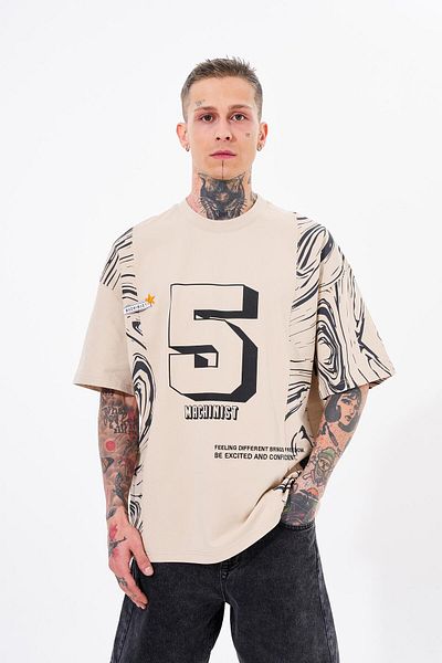 Machinist Tricou pentru bărbați, imprimat cu numărul 5, supradimensionat, bej deschis