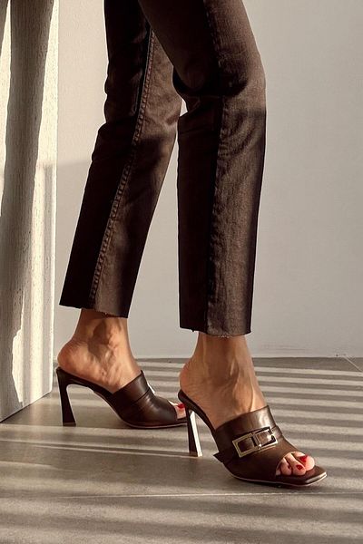 nope21shoess Παντόφλες με τακούνι Tangle Brown από γνήσιο δέρμα