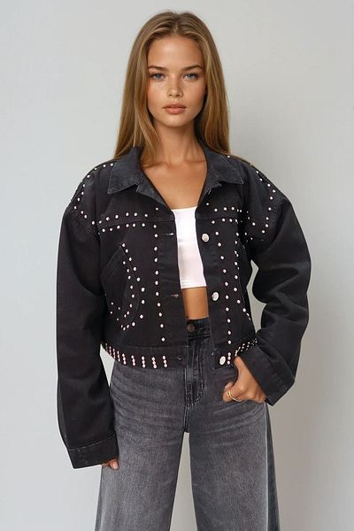 VAGGON Women's Black Troc Studded Crop Jean Jacket Prmx11169