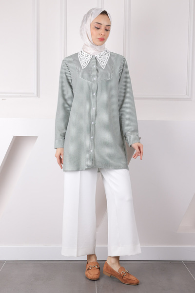 İmajButik قميص دانتيل مخطط باللون الكاكي