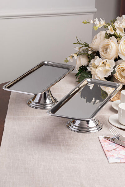 Aslı Hediyelik Lüx 2'li Dikdörtgen Gümüş Ayaklı Kek, Pasta, kurabiye,Tatlı, ikramlık, Çeyizlik Sunum Servis Standı