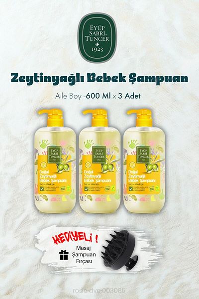 Eyüp Sabri Tuncer 3 Olive Oil Baby Shampoo 600 ml and Shampoo Brush Gift