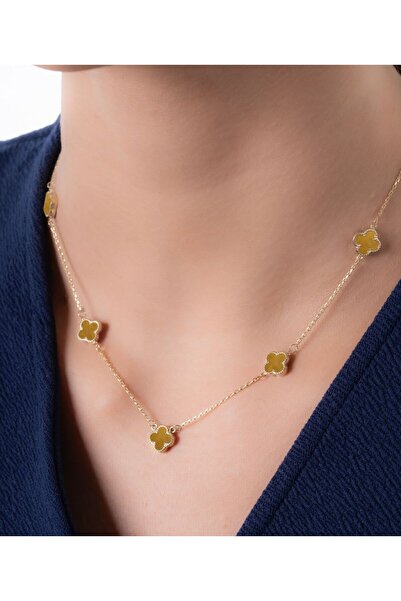 YCL JEWELLERY 5'li Karamel Renkli Taşlı Altın Yonca Kolye