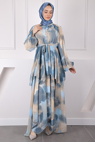 İmajButik Φόρεμα σιφόν με μπλε μέση