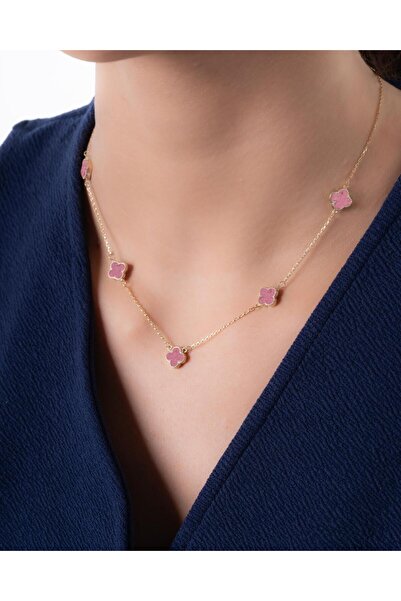 YCL JEWELLERY 5'li Mistik Pembe Taşlı Altın Yonca Kolye