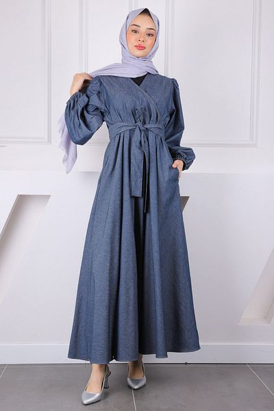 İmajButik Σκούρο μπλε τζιν φόρεμα με διπλό στήθος με λαιμόκοψη