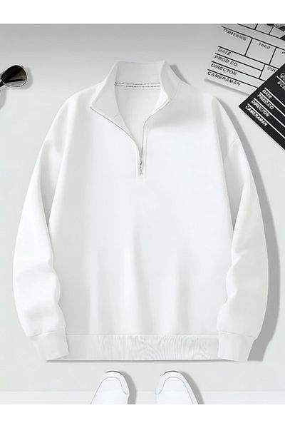 BLYDE LAYY Half Zipper Unprinted White Sweatshirt