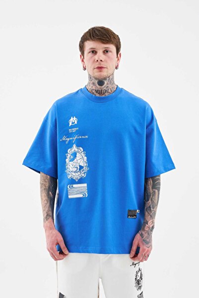 Machinist Чоловіча футболка великого розміру з принтом у стилі бароко Mavi Tişört