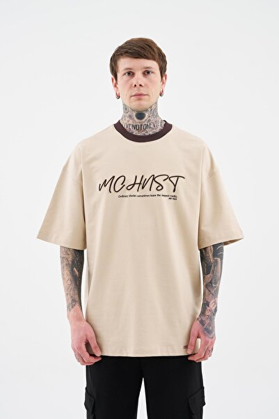 Machinist Men's Colored and Technical Embroidered Oversize Soft Beige T-Shirt