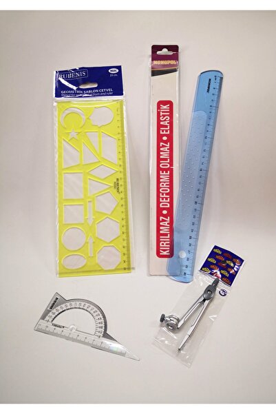 Rubenis Kırılmaz Cetvel, Metal Pergel, Geometrik Şablon Cetvel, İletki Açıölçer Matematik Ders Materyali