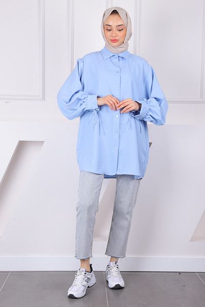 İmajButik Μπλε λινό χιτώνα με μανίκια