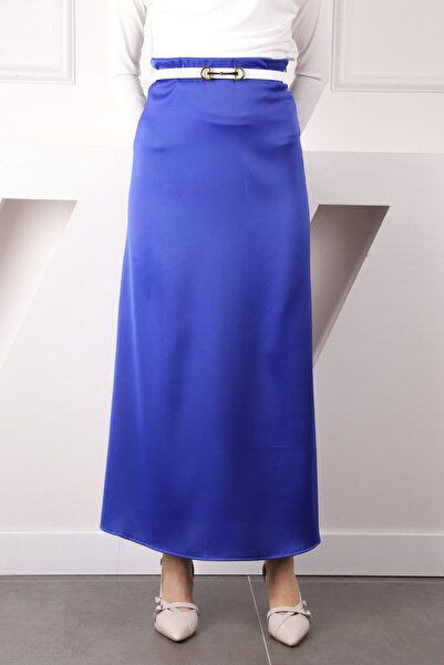 İmajButik Saks Blue Side Zipper Satin Flared Skirt
