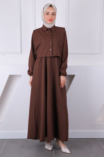 İmajButik Σετ Συνδυασμός Φόρεμα Μπλουζάκι Καφέ Πουκάμισο