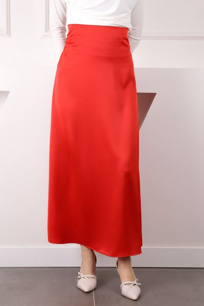 İmajButik Red Side Zipper Satin Flared Skirt