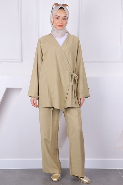 İmajButik Oil Green Front Tie Kimono Suit with Pants
