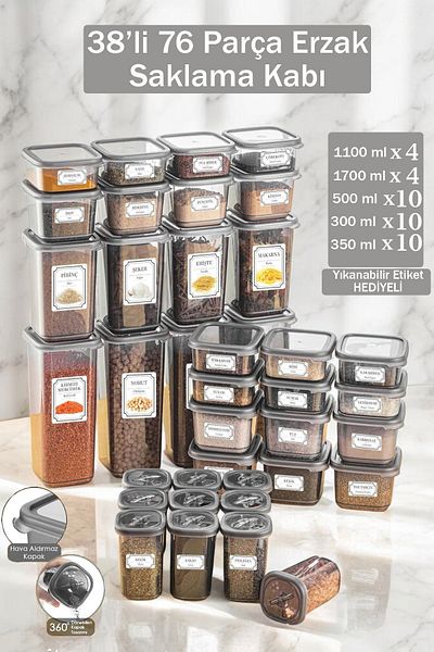Buclee 76 Pieces 38 Square Food and Spice Jar Set Airtight Kitchen Organizer Labeled Organizing Set