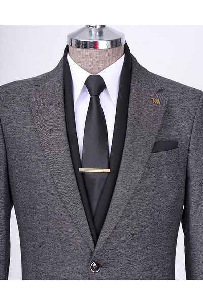 TerziAdemAltun Black Slim Fit Italian Style Mono Collar Jacket and Trousers Set - T11550