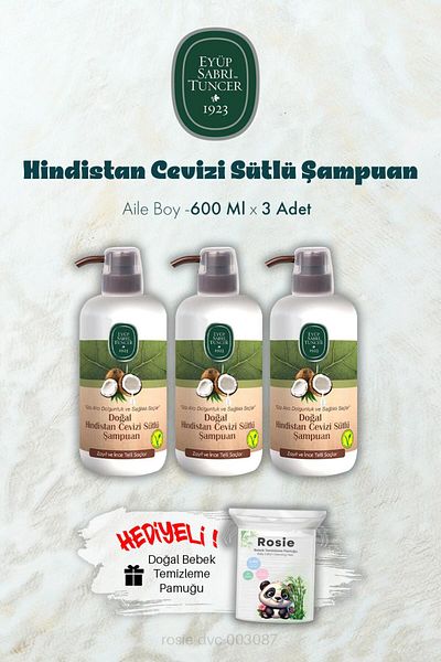 Eyüp Sabri Tuncer 600 ml Coconut Milk Shampoo X 3 and Rosie Gift