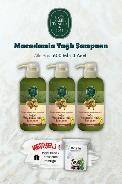 Eyüp Sabri Tuncer 600 ml Macadamia Oil Shampoo X 3 and Rosie Gift