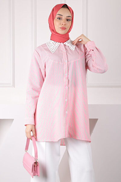 İmajButik Ροζ ριγέ πουκάμισο με δαντέλα