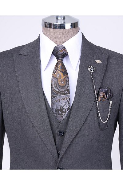 TerziAdemAltun Anthracite Italian Style Slim Fit Dress Set - Jacket, Vest and Trousers T11396