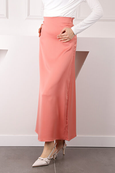 İmajButik Salmon Side Zippered Satin Flared Skirt