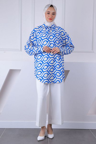 İmajButik Saks μπλε μοτίβο casual πουκάμισο