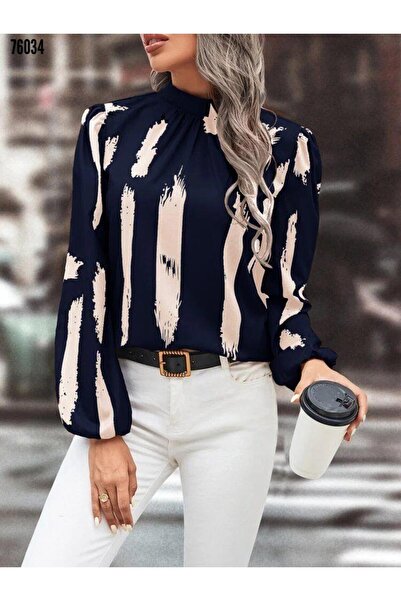 Ebedi Női hosszú ujjú garbós ujjú, rugalmas szájú mikro sötétkék blúz