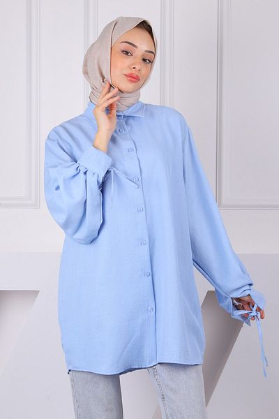 İmajButik Μπλε λινό χιτώνα με μανίκια