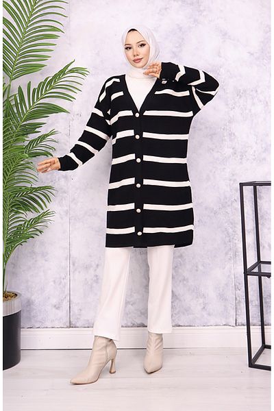 sefamerve Ribbed Striped Knitwear Cardigan 3090-03 Black